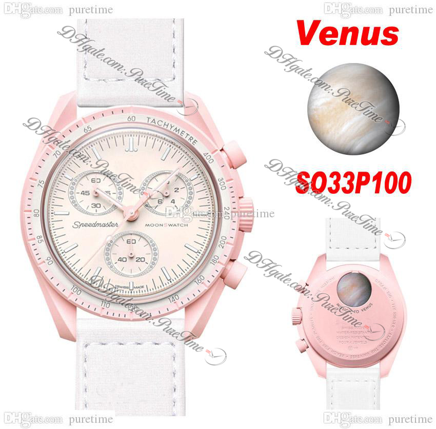 

Bioceramic Moonswatch Swiss Quqrtz Chronograph Mens Watch SO33P100 Mission To Venus 42 Real Pink Ceramic Diamonds White Nylon Strap With Box Super Edition Puretime, So33l100