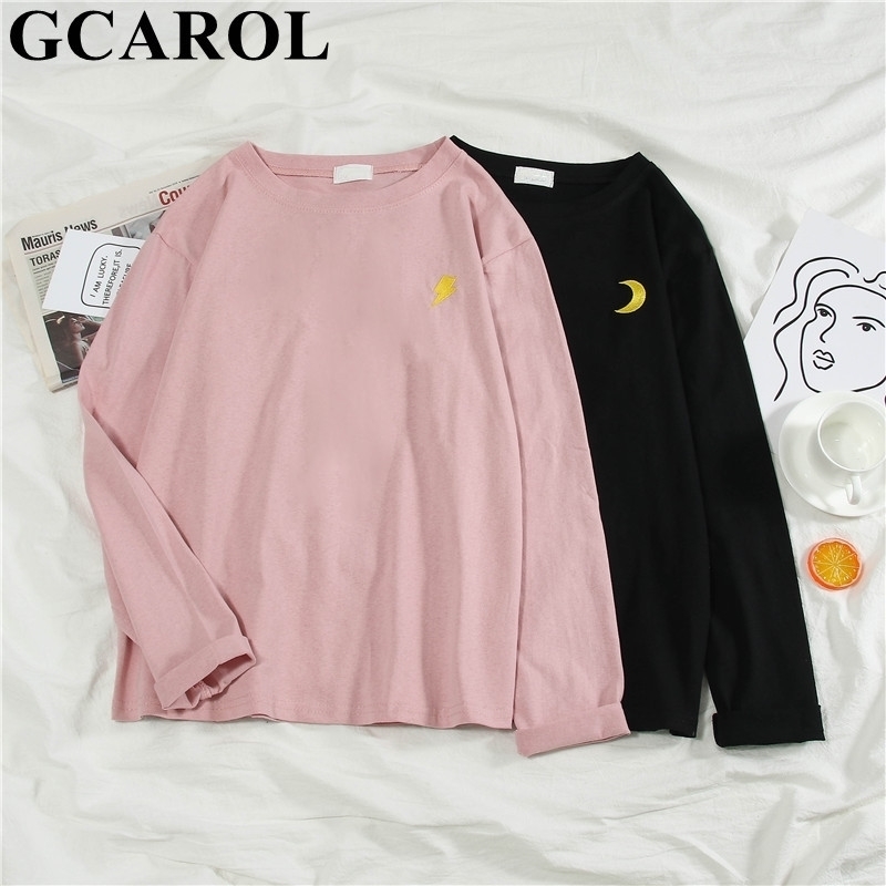 

GCAROL Spring Fall Harajuku Women T shirt Drop Shoulder Appliques Oversize Render Unlined Upper Garment M2XL Tops Pullover Y200412, Full sleeve yellow