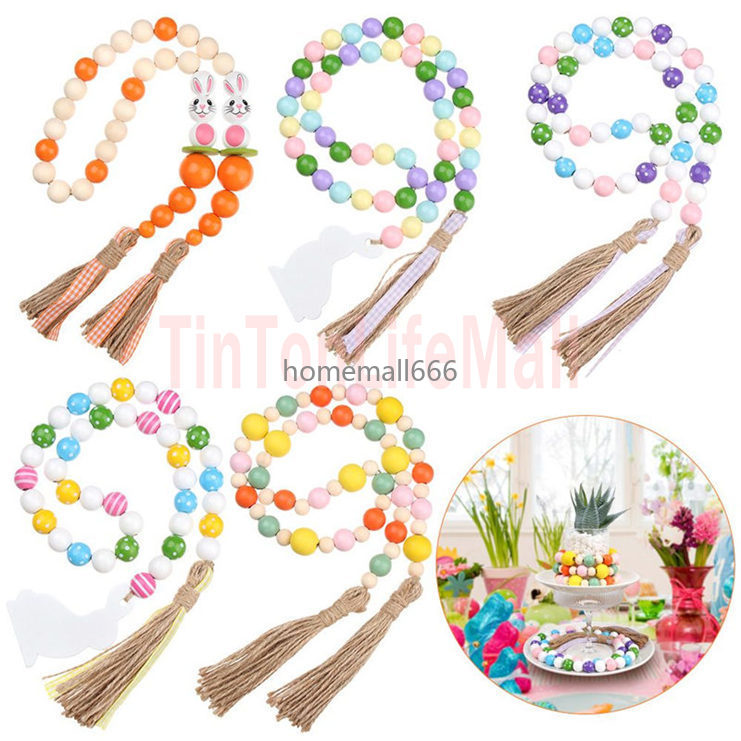 

Nordic Easter Wood Bead Garland with Tassels Farmhouse Beads Rustic Country Decor Kid Room Wall Hanging Ornament Home Decor AA