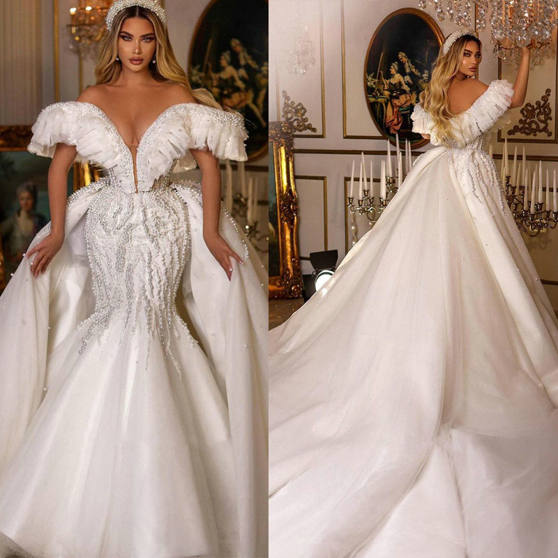 

Luxurious Pearls Mermaid Wedding Dresses Detachable Train Off The Shoulder Ruffles Diamond Saudi Arabic Bridal Gowns, Beige