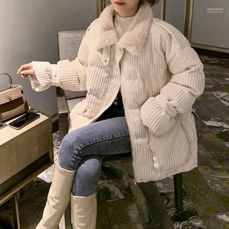 

Women' Down & Parkas Women Faux Fur Collar Corduroy Soild Cotton Padded Jacket Winter Fashion Female Loose Packet All Match Warm Coat Kare2, Beige