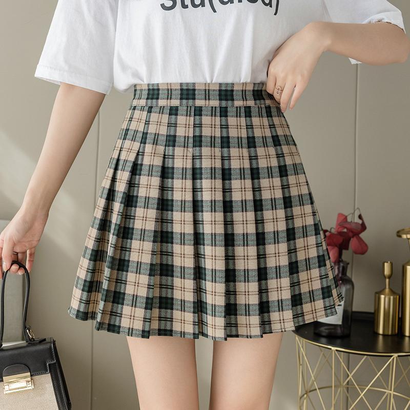 

Skirts BETHQUENOY Pleated Women 2022 Mujer Faldas Plaid Woman Midi Jupe Femme Saias Mulher Plisada Spodnica Damska, Khaki