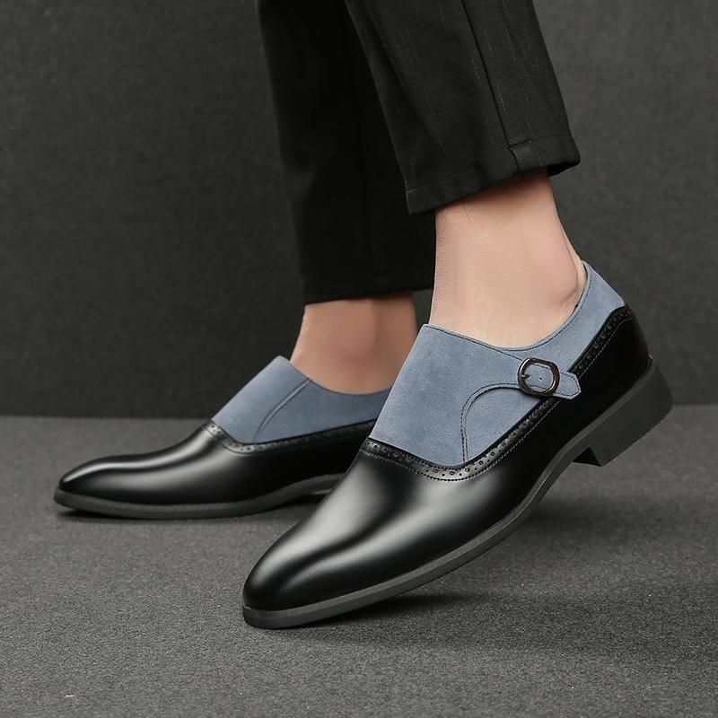 Men Monk Shoes PU Leather Colorblock Round Toe Flat Fashion Classic Everyday Party Patchwork Buckle Casual Gentlemen Shoes DP284