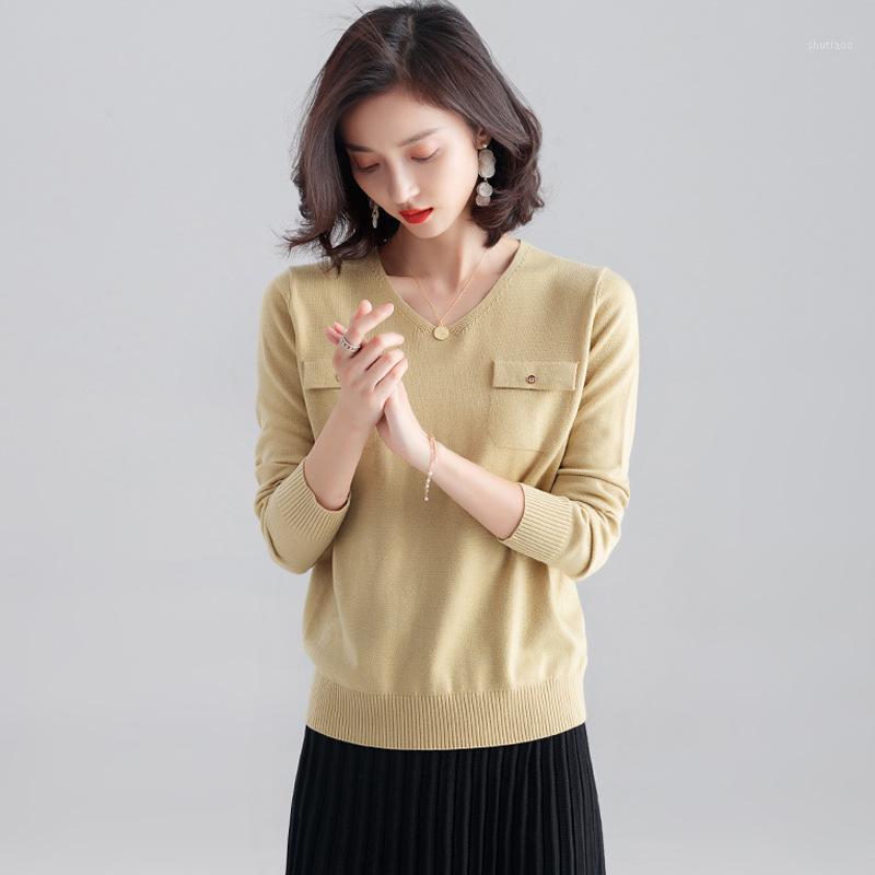 

Women's Sweaters Loose V-neck Knitwear Wear 2022 Spring And Autumn Korean Fake Pocket Long Sleeve Thin Bottomed Top Sweater, Black