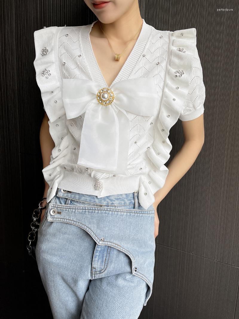 

Women' Knits & Tees Summer Cardigan For Women 2022 Fashion Crop Tops Diamonds V Neck Ruffles Cute Big Bows Hollow Out Thin White Shirt Perf