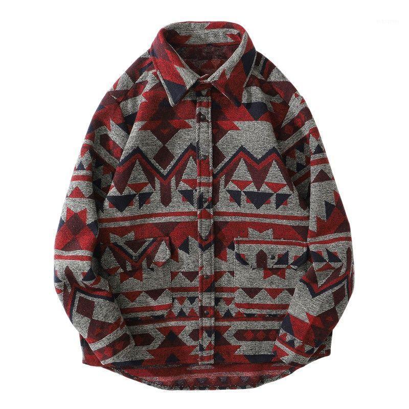 

Men Fashion Harajuku Casual Shirts Jacket Tops Thick Coat Streetwear Hip Hop Pockets Geometric Color Block Shirt Men's, Red