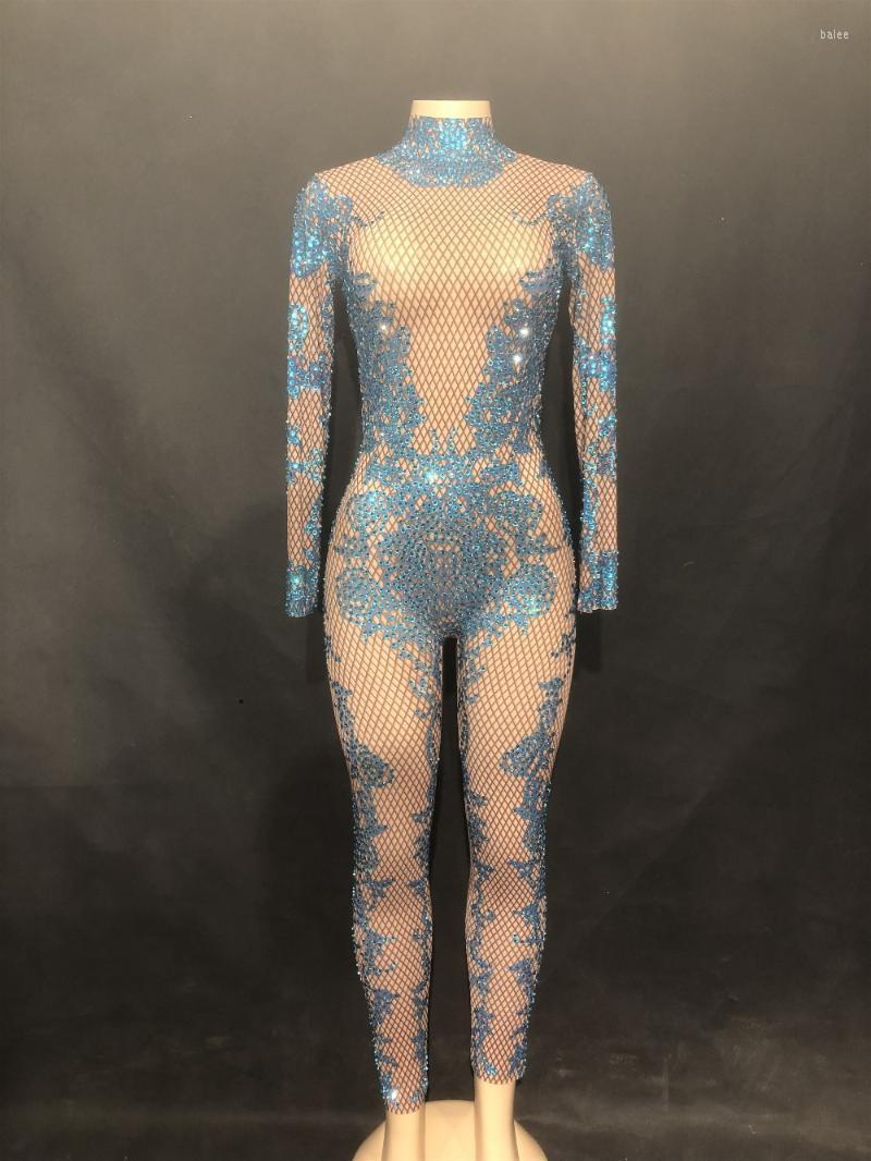 

Women' Jumpsuits & Rompers Women Sexy Stage Dj Jumpsuit Blue Diamonds Net Yarn Full Of Sparkling Crystals Bodysuit Nightclub Party Dancer