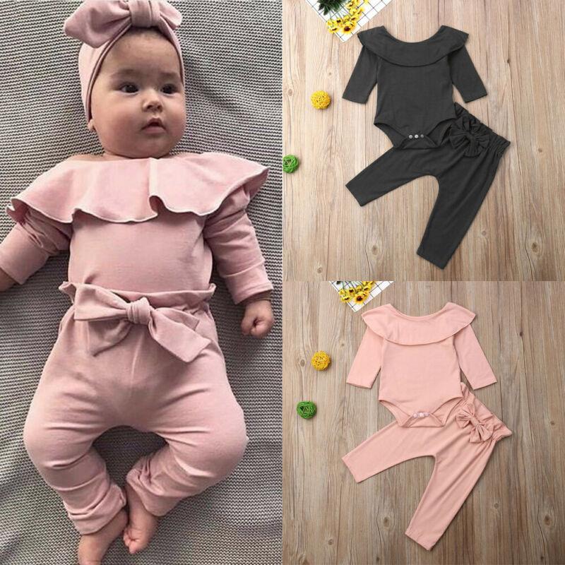

Clothing Sets Toddler Kids Baby Girl 2Pcs Clothes Set Ruffle Bodysuit Romper T Shirt Solid Bowknot Pants Trousers Autumn Long Sleeve OutfitC, Black