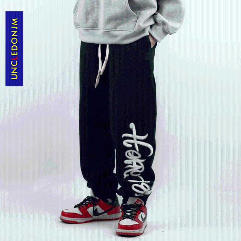 

Men's Pants UNCLEDONJM Fleece Sweatpants Letter Plus Velvet Casual Jogger Men Punk Baggy Leggings Sports Street Wear Trousers, Black