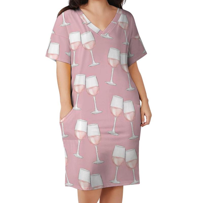

Plus Size Dresses Wine Glasses Casual Dress Summer Love Cute Women V Neck Pattern Aesthetic SizePlus, Style-21