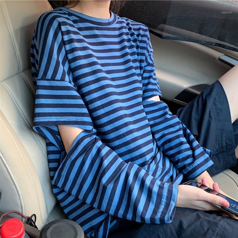 

Women's T-Shirt Ripped Hole Blue Black Striped Oversized Hollow Out Harajuku Summer Spring Long Sleeve Women T Shirt Korean Fashion Streetwe, Black blue