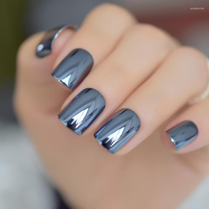 

False Nails Blue Mirror Square Shiny Finger Nail Medium Full Wrap Mental Fake For Girls Fashion Easy DIY Manicure Accessories 24pcs N26 Prud, N21