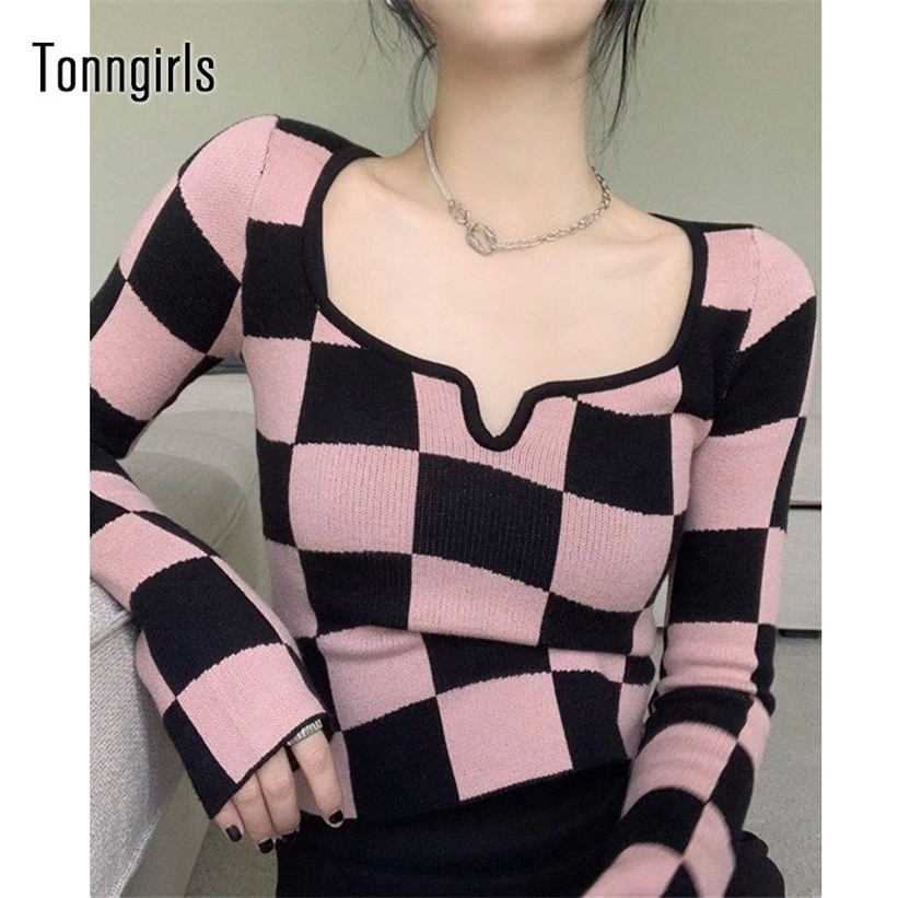 

Tonngirls Knitted T Shirt Women Clothing Pink Plaid Square Collar Ladies Tops Long Sleeve Korean Slim Skinny Cropped Tees 220322, As photo
