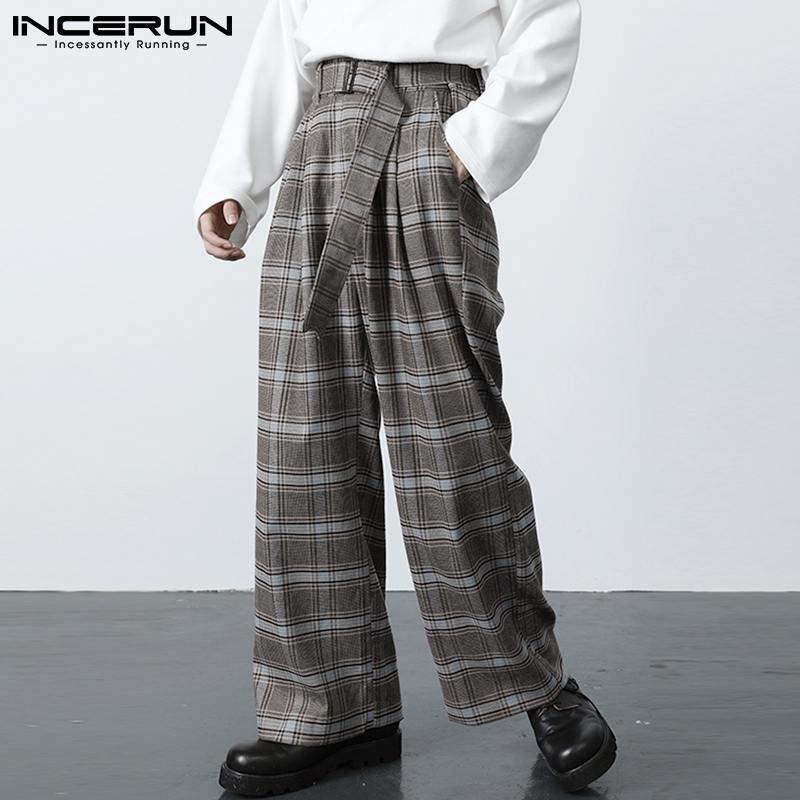 Pantalons pour hommes Incerun 2022 Mode Hommes Plaid Joggers Koréan Streetwear Lacee à lacets Casual Pantalon Poches Loisirs Pantalons droits 7