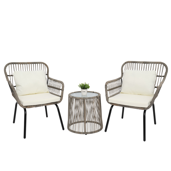 

Dining Room Furniture 3-Piece Patio Wicker Conversation Bistro Set with 2 Chairs & Glass Top Side Table & Cushions Tan