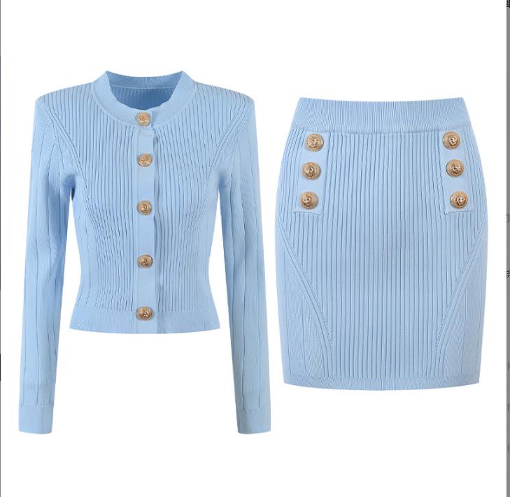 

719  2022 Autumn Summer Brand Same Style Short Skirt Crew Neck Blue Two PIeces Sets High Quality Women's Two Piece Polyester yl