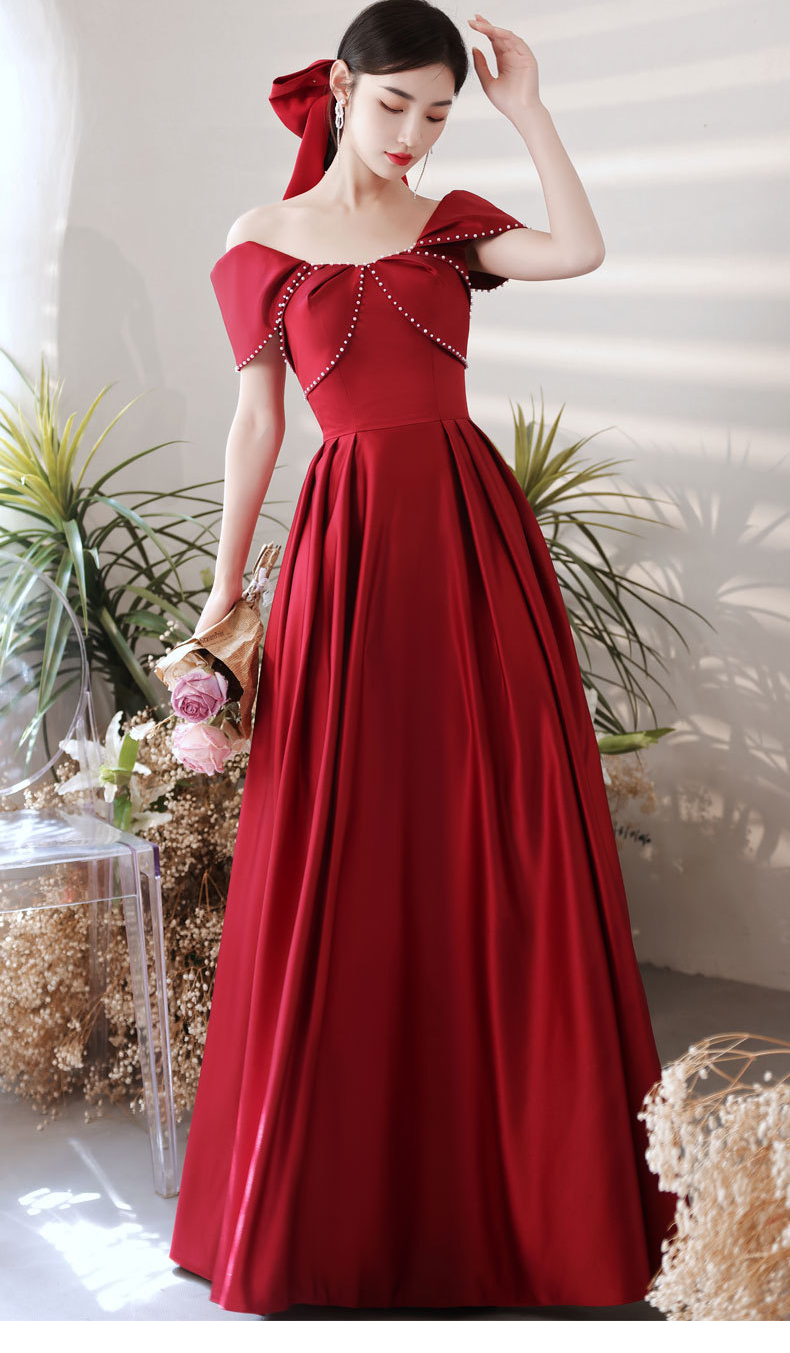Robes de soirée longues en satin rouge élégantes pour femmes avec poches A-Line Criss Cross Dos ouvert perlé Robes de soirée Robes De Soir←e
