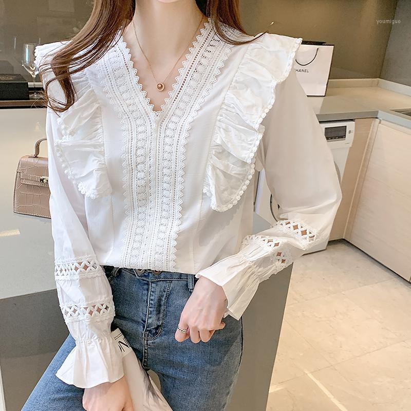 

Women's Blouses & Shirts White Lace Shirt Women 2022 Elegant Korean Fashion Ruffles Collar Long Sleeve Office Ladies Clothes Chemisier Femme