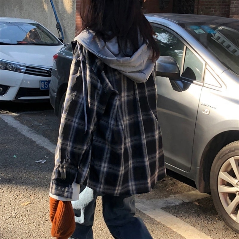 

HOUZHOU Harajuku Vintage Basic Plaid Shirt Women Korean Style Oversize Long Sleeve Hooded Patchwork Casual Blouse Female Ulzzang 220407, Black
