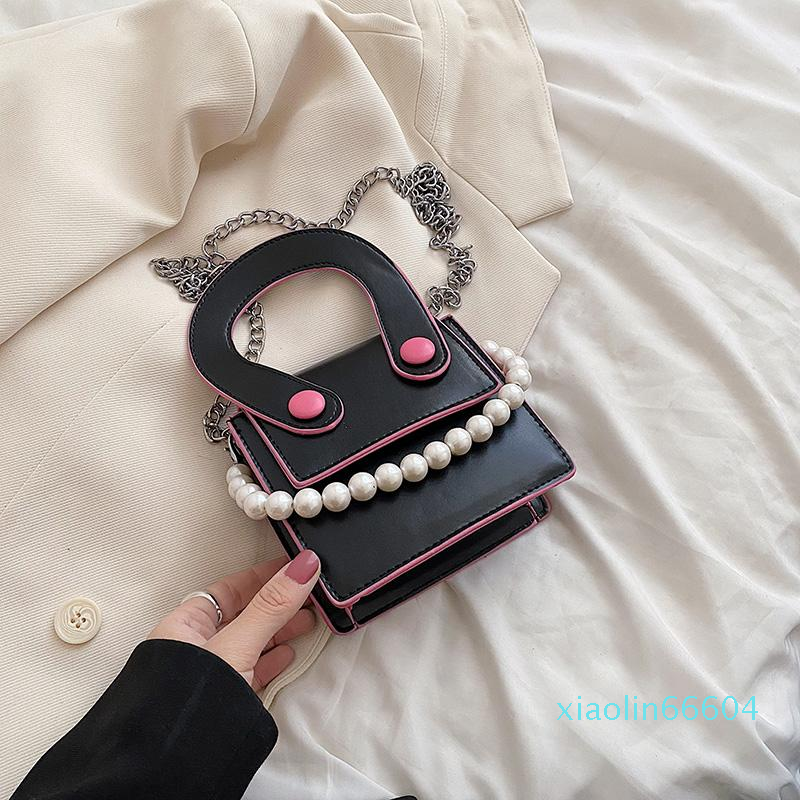 

Designer-Evening Bags Cute Mini PU Leather Crossbody Bag For Women Kawaii Summer Chain Beading Shoulder Handbags Totes, White with pink
