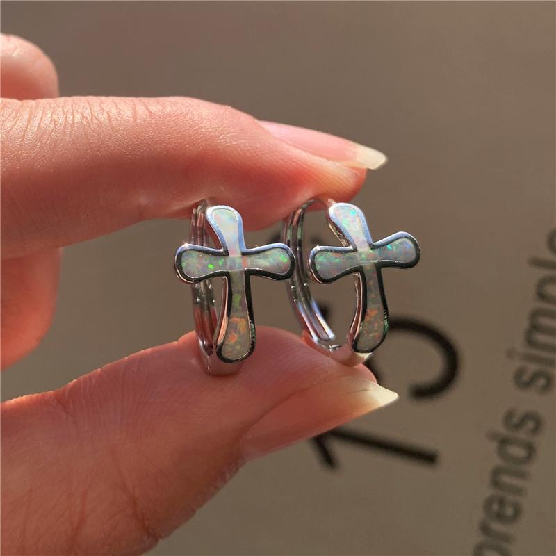 

Hoop & Huggie Trendy Female Small Cross Earrings Charm Silver Color Wedding Dainty White Blue Opal Stone For WomenHoop