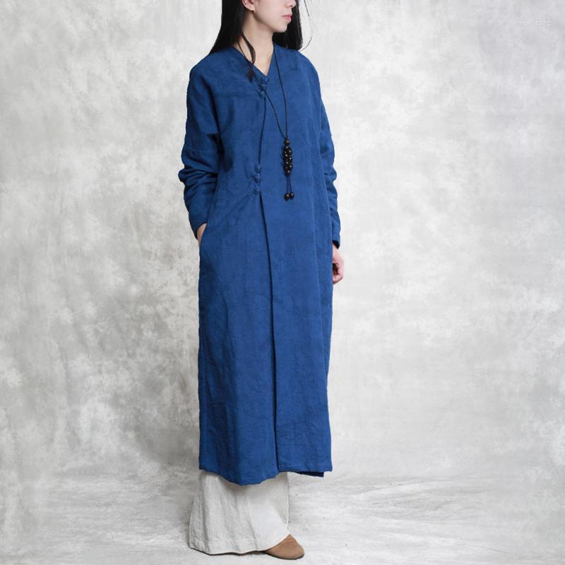 

Women's Trench Coats Original Retro Nation Windbreaker 2022 Spring Clothes Over Knee Long Loose Coat Slim Irregularity Cotton And Linen N272, Blue