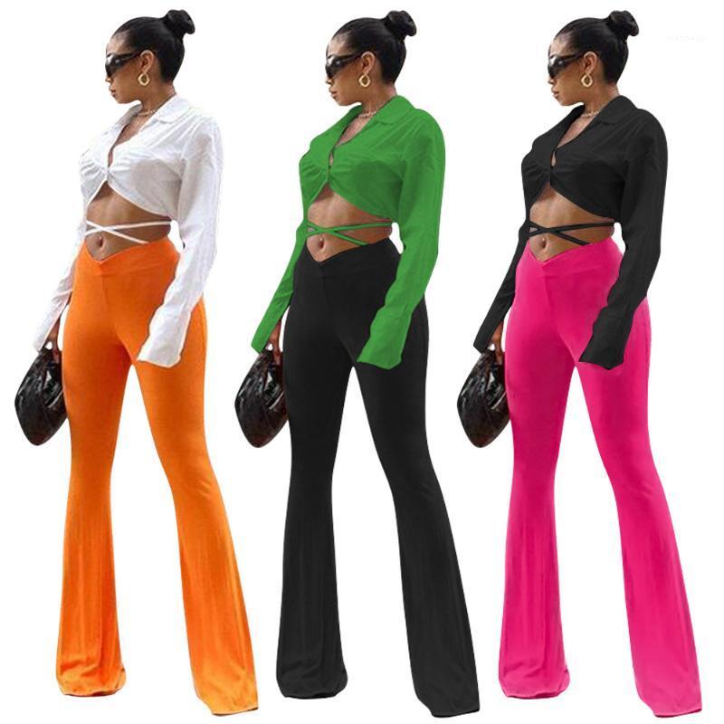 

Women' Two Piece Pants Open Back Lace-up Shirt Flared Trousers Suit Autumn Product Long-sleeved Fashion Two-piece, Black