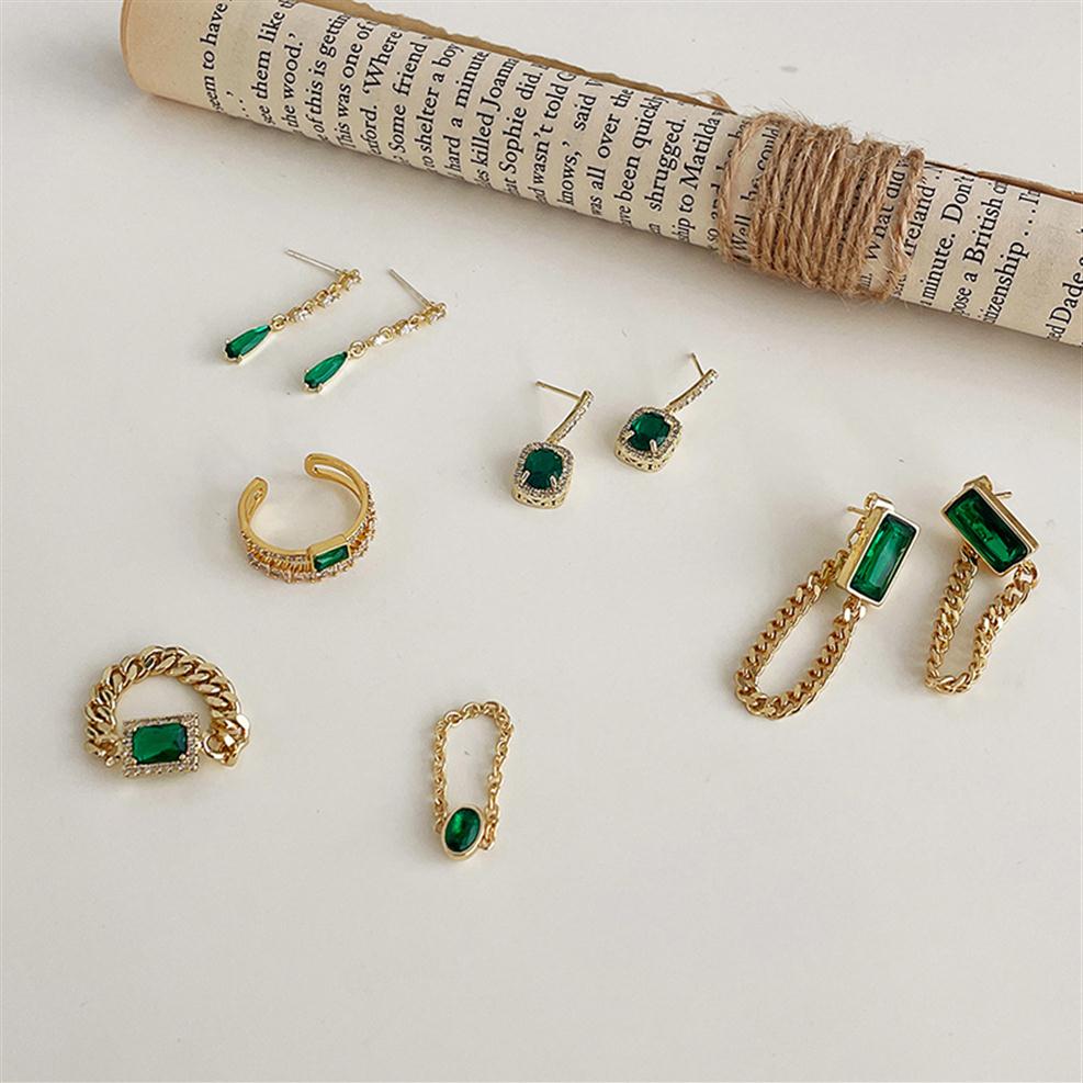 

Classic Geometric Rectangle Green Charm Earrings Crystal Stainless Steel Chain Tassel Earring Necklace Girl's Unusual Accesso257h