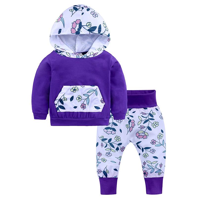 

Clothing Sets Spring And Autumn Baby Girls 100% Cotton Born Patchwork Pattern Print Fashion Hooded Sweater 2pcs SetsClothing, Black