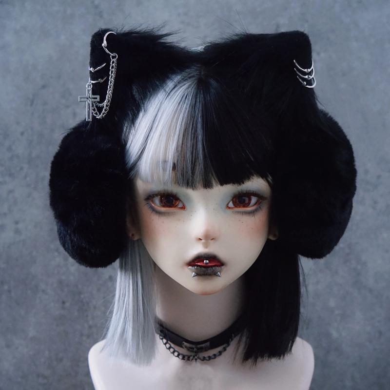

Berets Gothic Chains Plush Cat Ear Earmuffs Winter Faux Fur Lolita Warmer Muffs Streetwear CoversBerets, White