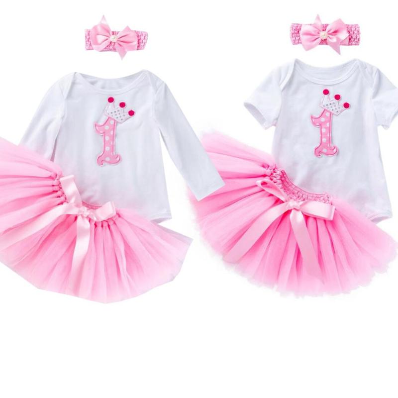 

Clothing Sets Baby Girls Crown One Romper Seperated TUTU Skirt Vestidos First Birthday Infant Girl Bead Bowknot Headband, As picture shown