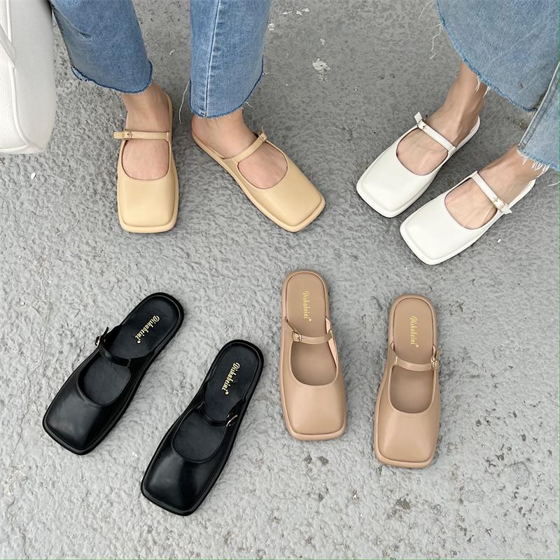 

Slippers Bailamos Women Buckle Mules 2022Summer Fashion All-match Korean Flat Heels Square Toe Half-drag Outdoor Shoes, Beige