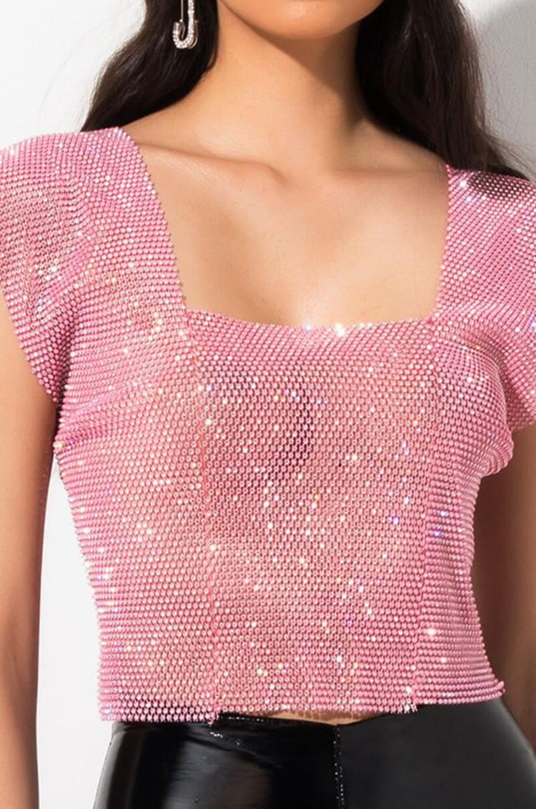 

Women's Tanks & Camis Green White Pink Short Tank Tops For Women See Through Full Rhinestone Mini Camisole Night Club Summer Female Sexy Shi, Fluorescent orange v