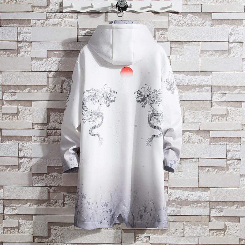 

Men's Trench Coats Autmn Coat Men Hooded Casual Long Jacket Retro Fashion Print Animal Dragon Streetwear Overcoat Male Youth Kend22, Black fish