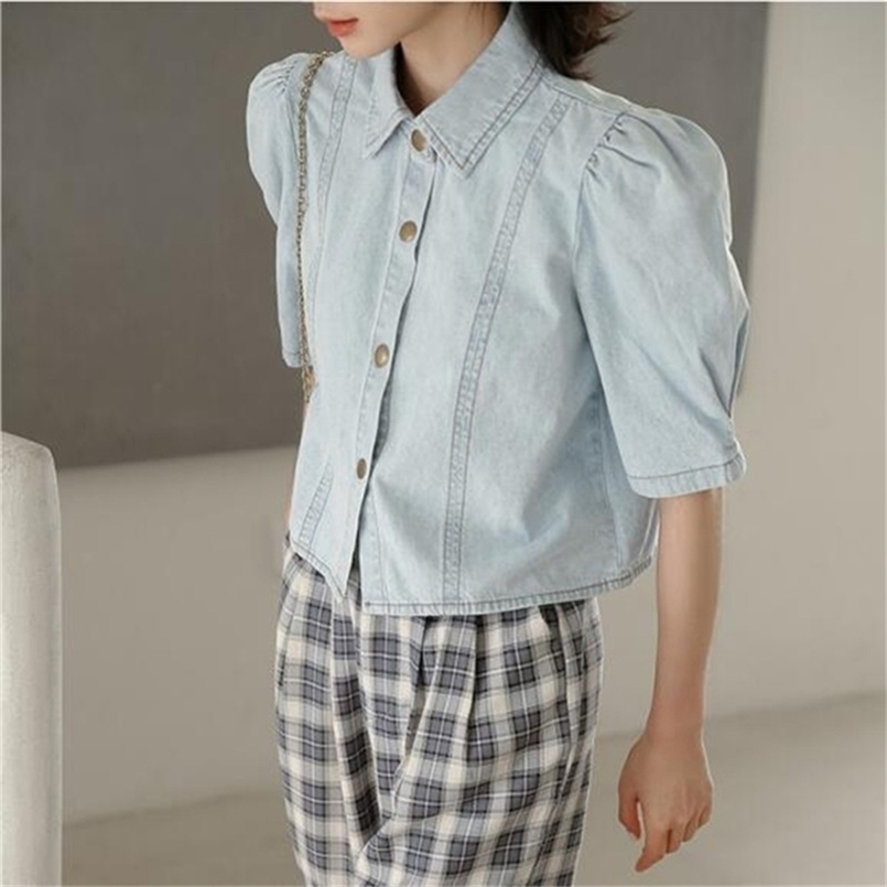 

Vintage Light Blue Denim Shirt Women Summer Chic Lapel Puff sleeve Loose Blouse Streetwear Fashion Female Short Top 210602