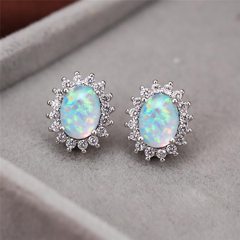 

Stud Dainty Crystal Oval Stone Flower Earrings White Blue Fire Opal Charm Silver Color Wedding Party For WomenStud