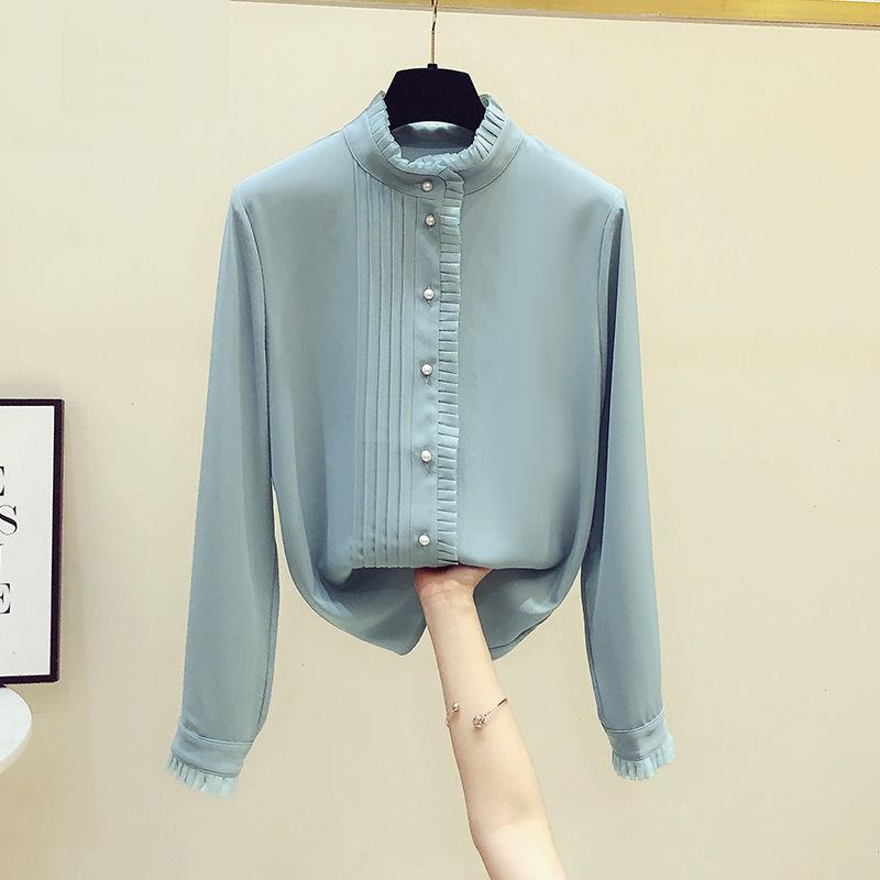 

Spring Women Shirts Office Lady Ruffles Collar Petal Long Sleeve Blouse Female S 4xl Solid Color Work Wear Temperament Tops, White