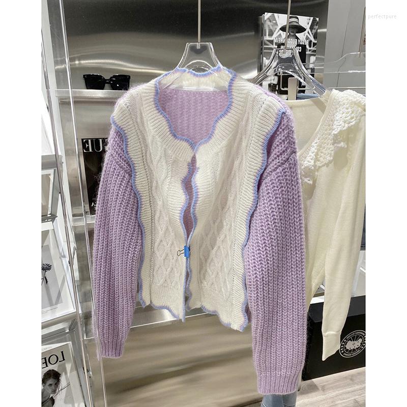 

Women' Knits & Tees Sweet Gentle Korean Fashion Patchwork Ruffled V Neck Purple Knitted Sweater Sueters De Mujer Long Sleeve Cardigan Crop