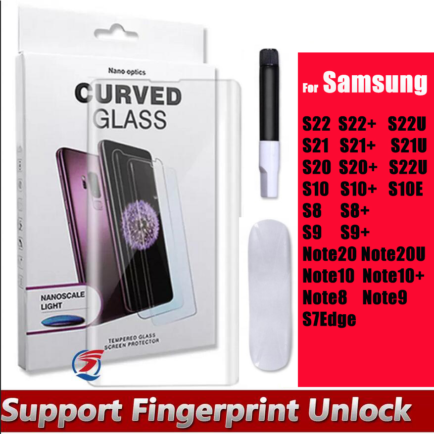 

9D UV NANO Liquid Curved Tempered Glass Protector For Samsung S22Ultra S22 S21 S20 Note20 Ultra S10 Note10 Plus S8 S9 NOTE8 NOTE9 with Retail Package