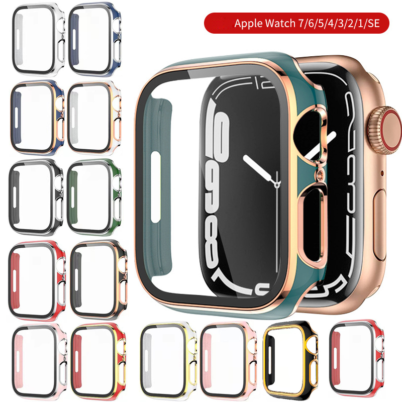 

Double Color Hard PC Watch Case with Tempered Glass for Apple Watch Series 7 6 45mm 41 42 44 40 38 Screen Protector Bumper Full Cover iWatch Protective Covers, 15 colors for choose