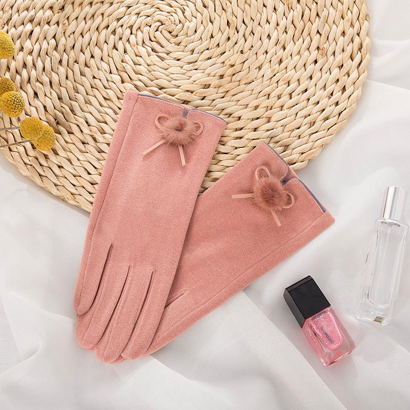 

Five Fingers Gloves Women Winter Keep Warm Touch Screen Plus Velvet Inside Thicken Hairball Cute Lovely Cycling Drive Windproof Suede Fashio