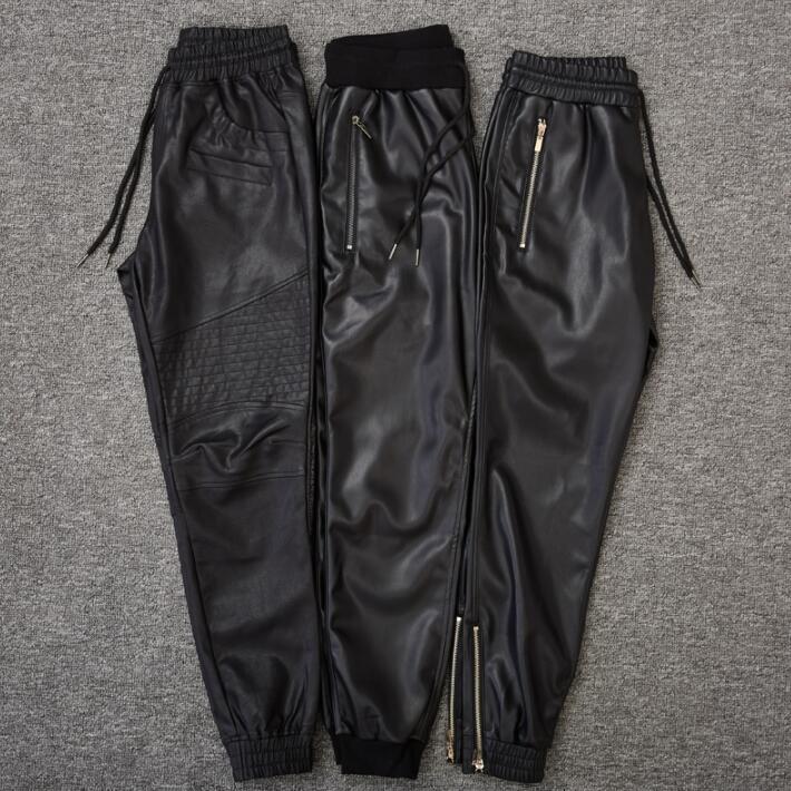 

Men' Pants Elastic Waist Faux Leather Mens Feet Zipper Fashion Motorcycle Pu Trousers For Men Personality Plus Velvet ThickenMen