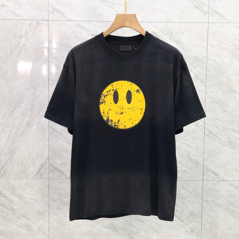 

22ss Europe USA Spring Summer Smile Face Vintage Print Tee Skateboard Men t shirt Women High Street fashion Tshirt, Black