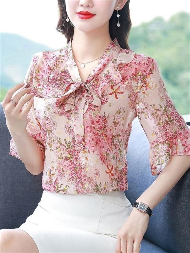 

Women's Blouses & Shirts Woman Summer Style Tops Lady Casual Short Sleeve Bow Tie Collar Flower Printed Blusas DF4413Women's