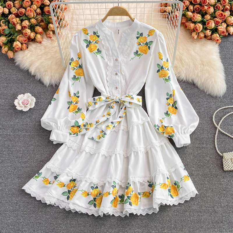 

2022 Fashion women's print flower v-neck puff long sleeve sashes slim waist lace patched layered short dress MLXLXXL, White
