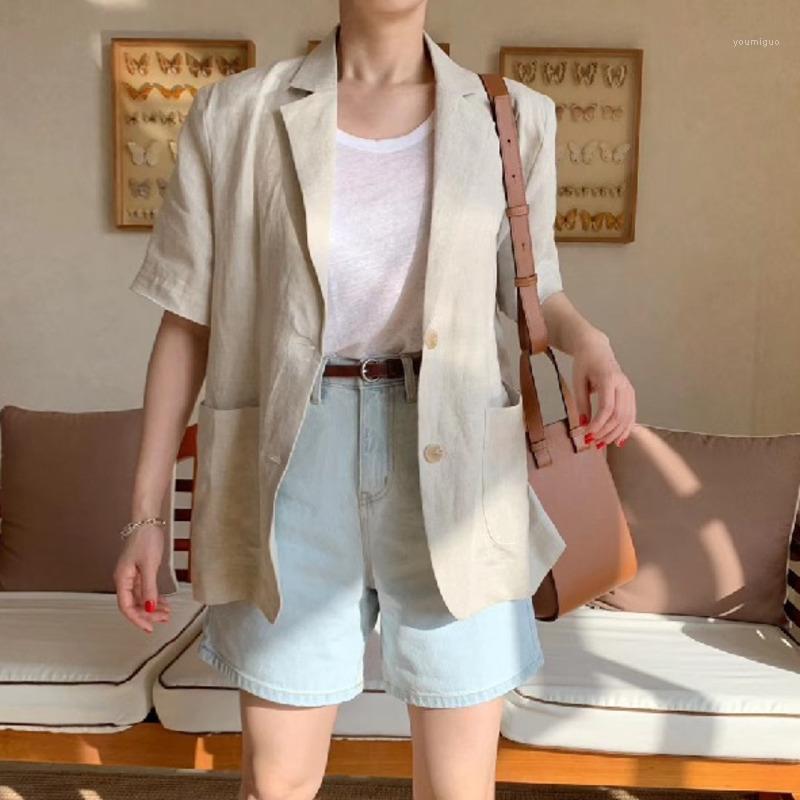 

Women' Suits & Blazers Nowsaa Women Minimalism Black Casual Linen Blazer Notched Short Sleeve Loose Fit Jacket Korean Tide Autumn Summer 20, White
