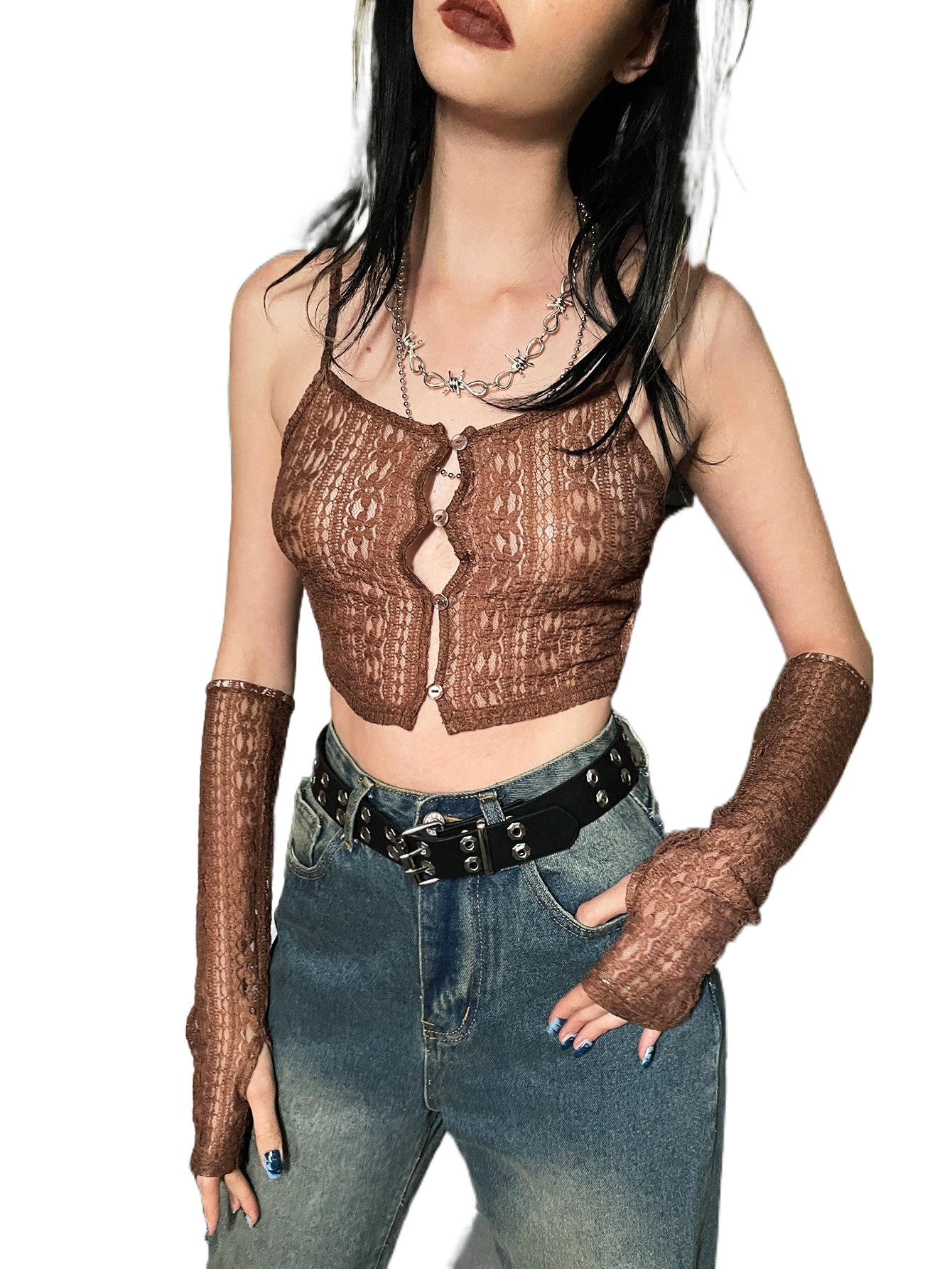 

single Breasted Lace Cami Top With Arm Sleeve C58P#, Brown