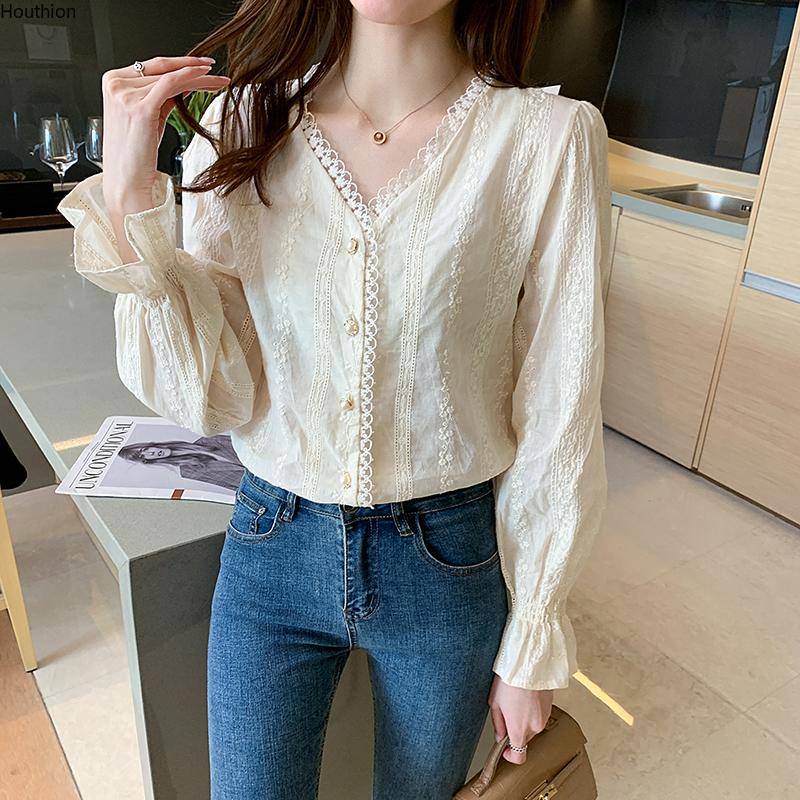 

Women's Blouses & Shirts Long-sleeved Blouse V-neck Korean Stitching Embroidery Plus Size Leisure Tops Comfortable Casual Spring And Summer, As pic