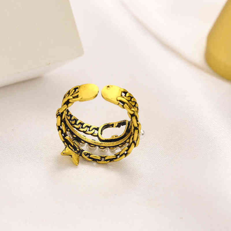 Fine letter five pointed star opening ring three layers of brass pearl exquisite ring female-image-783064279