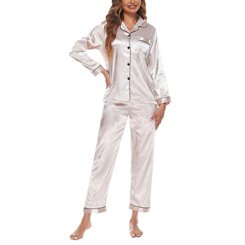 

Women' Two Piece Pants 2Pcs Women Sleeping Shirt Silk+Pants Long Sleeve Lapel Buttons Loose Home Pajamas Fashion Spring Autumn Silk Sets, Black